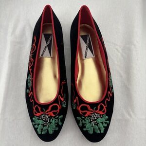 Vtg Mootsies Tootsies Christmas Flats Sz 8.5 Black Velvet Embroidered Red Bow